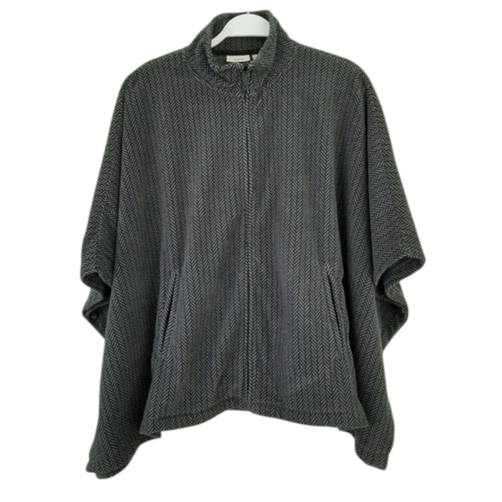 L.L. Bean Vintage Gray Herringbone Fleece Poncho Cape XL Cozy Oversized